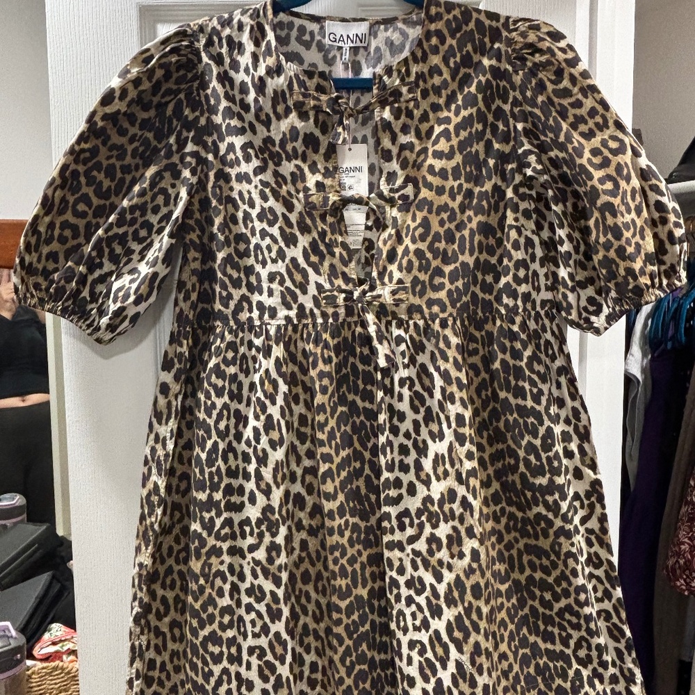 Ganni Leopard Tie-Front Puff-Sleeve Mini Dress